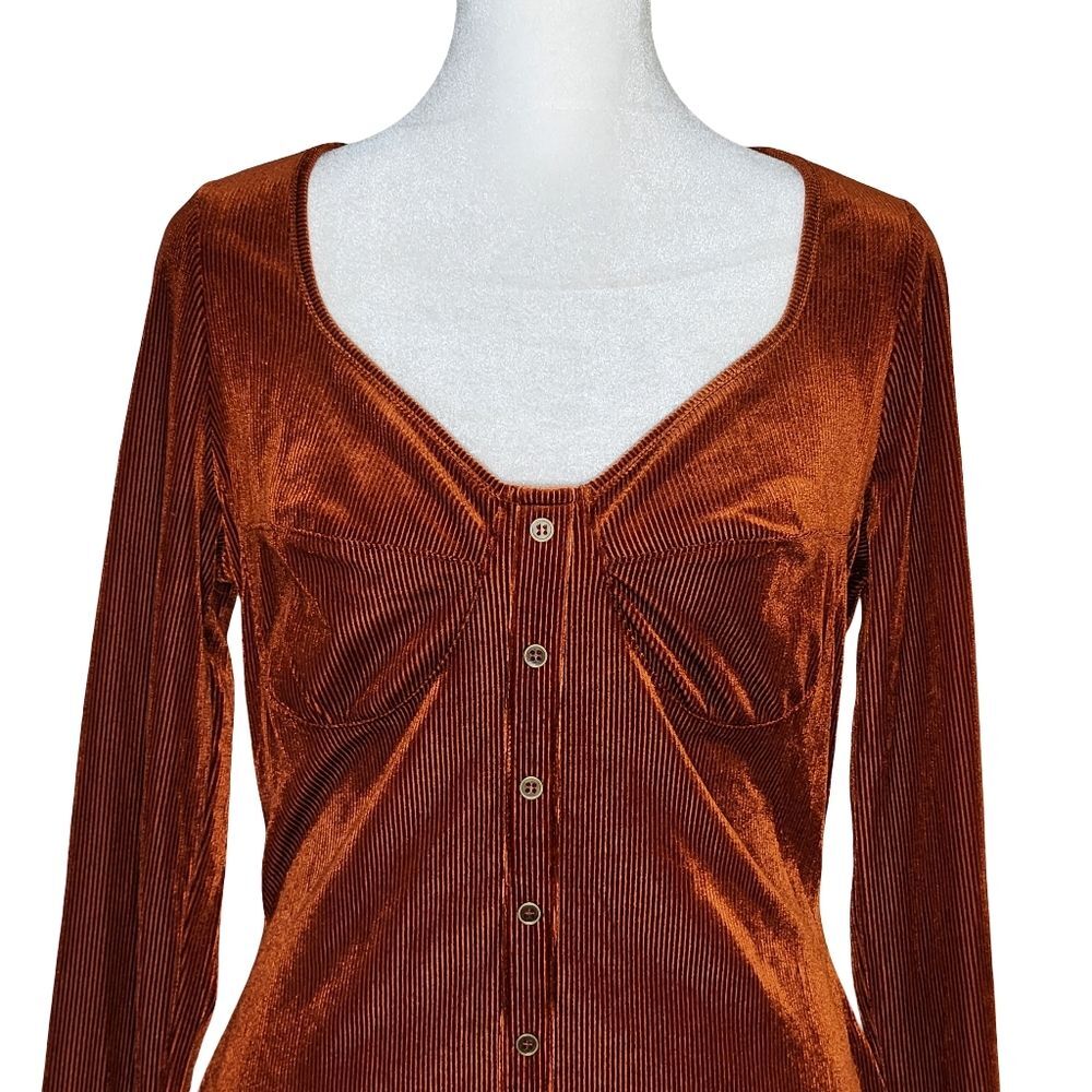 Bear Dance Autumn Rust Ribbed Corduroy Velvet Button Front Y2K Mini Dress Large - Picture 2 of 10